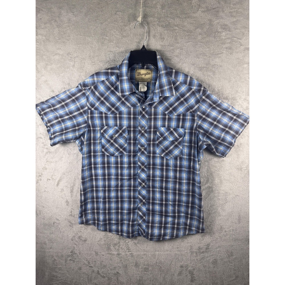Wrangler Western Shirt Mens XL Blue Plaid Snap Front Short Sleeve Pockets